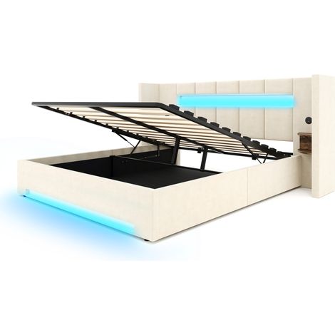 Letto contenitore 160 x 200 cm in velluto beige, testiera ampia, USB, LED, MODENUIT (1/5)