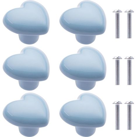 Lot de 6 poignées de meuble, de tiroir et de tiroir en céramique, en forme de cœur, avec vis. Accessoires pour meubles : 4 x 3,6 x 3,1 cm, bleu. (1/5)