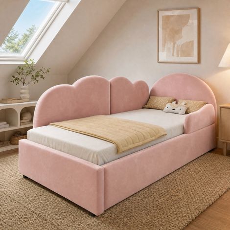 L-Ausziehbett 90 x 200 + 90 x 190 cm, rosa Samt, Wolken-Kopfteil, Gästebett (1/5)