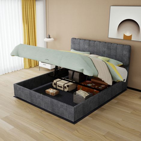 Lit rembourré moderne minimaliste avec tête de lit douce et confortable, 160x200 cm, gris, meuble de chambre multifonctionnel, base de rangement surélevée avec mécanisme de levage à gaz, matelas non i (1/5)