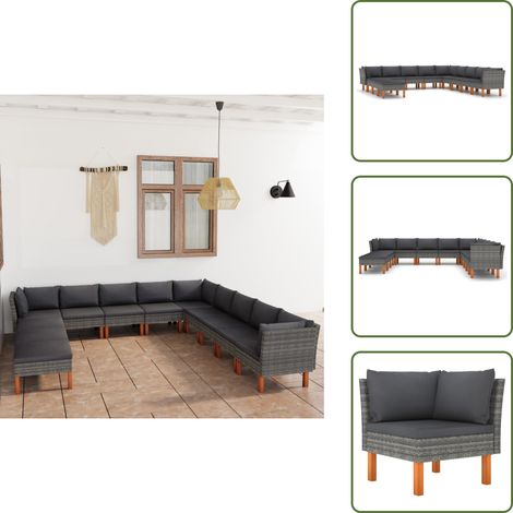 The Living Store Set Divani da Giardino 12 pz con Cuscini in Polyrattan Grigio - Divani da esterno