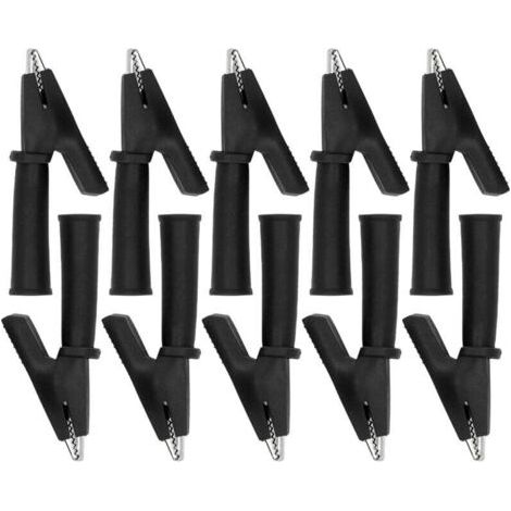 10Pcs Pinces crocodiles pour cordons de test Pinces multimètre de sécurité isolées en laiton PVC pour fiche banane 4 mm Noir (1/4)