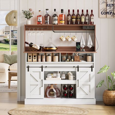 Kaffeebar 120x40x130 cm Landhausstil, 2 AC-Steckdosen, 2 USB, Glashalter, verstellbare Regale, Schiebetüren LINHOO (1/5)