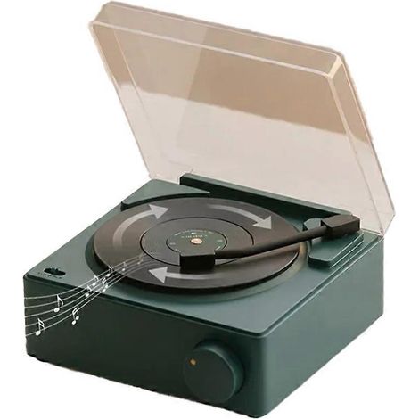 Enceinte vinyle rétro sans fil Bluetooth avec horloge, petite platine vinyle portable, stéréo connectée verte (1/5)