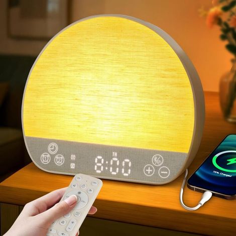 Sveglia simulatore di alba, lampada da comodino per fototerapia, luci per il risveglio con 37 suoni rilassanti, 2 allarmi, 20 livelli di luminosità, funzione snooze, 15 colori (1/4)