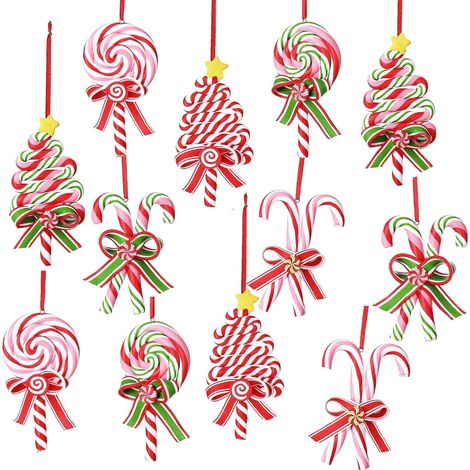 12 Pièces Ornements de Noël en Canne à Sucre, 6 Styles 12CM Décoration de Noël à Suspendre en Sucette avec Crochet et Ruban pour Sapin de Noëls Couronne Fenêtres Cheminée Porte Fête Décoration (1/5)
