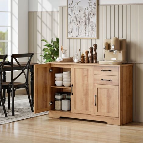 Chêne - Buffet cuisine, 2 tiroirs, 2 placards, portes fermeture douce, étagères réglables, 120x38x79cm