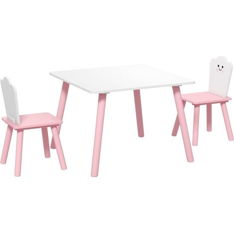 Ensemble table et chaises enfant 3 pièces, 1 table et 2 chaises en bois rose et blanc (1/5)