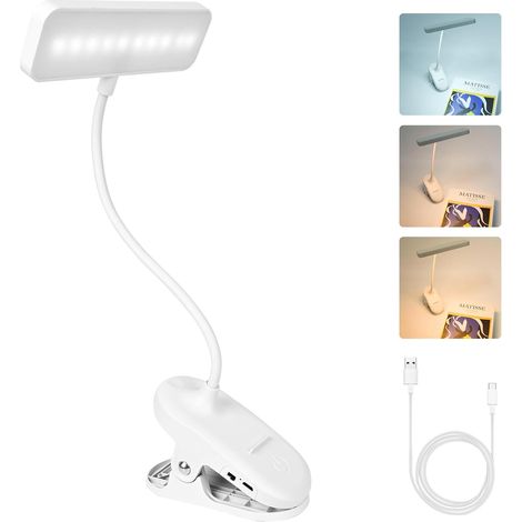 Lampe de Lecture rechargeable avec 3 couleur et luminosité de gradation non polaire, Lampe Bureau Led soin naturel des yeux anti-lumière bleue, Lampe Pince avec col cygne flexible (1/3)