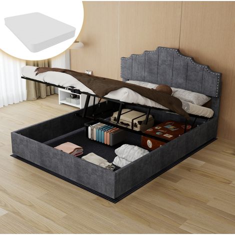 Cama moderna tapizada gris 140x200 cm en tela y metal, con cabecero geométrico, arcón elevable y colchón incluido