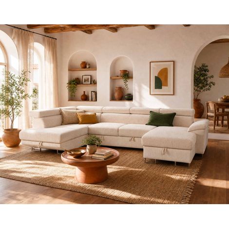 Bestmobilier – Canapé panoramique d'angle gauche 7 places convertible – Velours côtelé beige – Coffre de rangement et têtières réglables – Design contemporain (1/5)