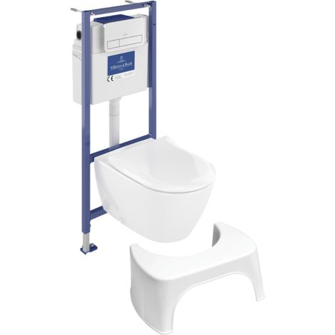 Pack inodoro VILLEROY ET BOCH Subway 2.0 sin reborde con asiento de cierre suave + estructura Viconnect PRO + placa blanca + taburete blanco