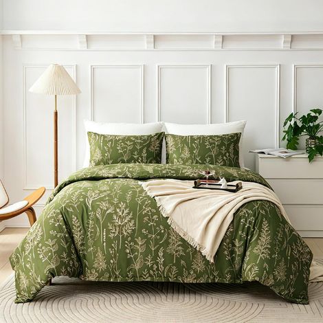 Bettwäsche-Set 155x220 cm 3-teilig Mikrofaser Botanisch Grün mit Reißverschluss