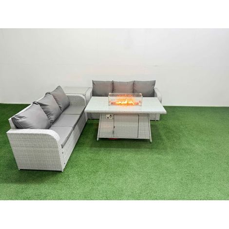 Fimous Outdoor Garden Furniture Sets 6 Seater Wicker Rattan Furniture Sofa Sets with Firepit Dining Table high Back Lounge Sofa Side Table Light Grey (1/4)