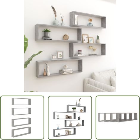 Lot de 4 Étagères cube murales Étagère de Rangement - Meuble de rangement Gris béton 100x15x30 cm Aggloméré BV924217 - BonneVie (1/5)