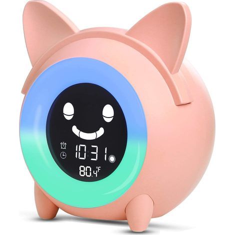 Lampe Réveil Enfant avec Veilleuse 5 Couleurs Luminosité Lumière Réglable Haut-parleurs Réveils Programmés Affichage Automatique Température pour Fête Anniversaire Noël (Rose) (1/5)