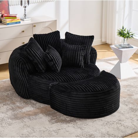Fauteuil de lecture rond avec pouf, dossier et accoudoirs, 168x123x63 cm, chenille noire (1/5)