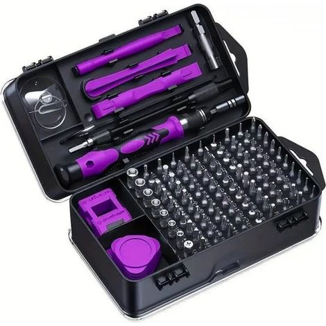 Juego de destornilladores de precisión - Kit de reparación de puntas - Reparación de electrónica - 115 piezas - Estuche compacto - Morado (1/5)