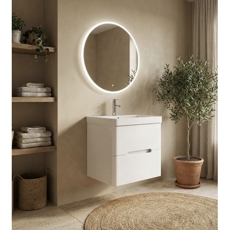 Meuble Salle de Bains avec vasque/lavabo FIDJI 60 suspendu laqué Blanc brillant avec plan en résine (1/5)