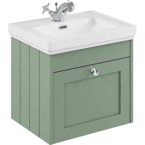 Balterley Butterton 500mm Wall Hung 1 Drawer Unit with Classic Basin 1 Tap Hole - Satin Green (1/4)