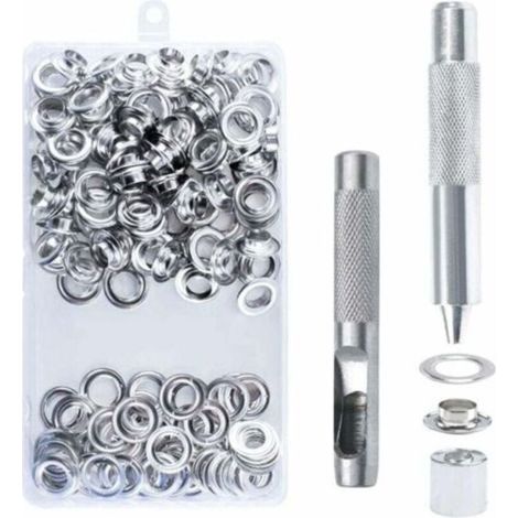 ALLIANDISUn kit d'outils contenant 100 œillets métalliques de 14 mm et des outils, y compris des œillets métalliques argentés, pour la réparation de bâches et de tentes en toile. (1/4)