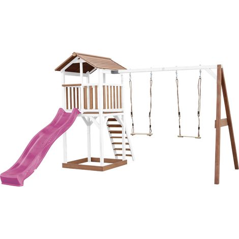 Axi Beach Tower Aire De Jeux Avec Toboggan En Violet, 2 Balançoires & Bac À Sable Grande Maison Enfant Extérieur En Marron & Blanc Cabane De Jeu En Bois Fsc