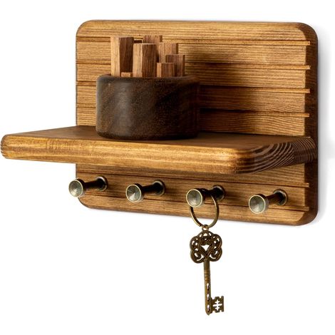 Étagère murale flottante miniature de 18 cm (7 pouces) avec 4 crochets robustes, porte-clés en pin brun clair, style maison de campagne moderne, rangement décoratif pour la maison et l'entrée. Style m (1/3)