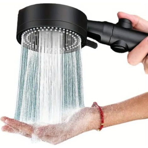 Schwarzer Duschkopf mit 5 Strahlarten und Pausentaste. – AquaForge