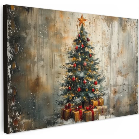 TABLEAU SUR TOILE Arbre de Noël - Vintage - Noël - Cadeau Toile Peinture Grand Format XXL 150x100 cm
