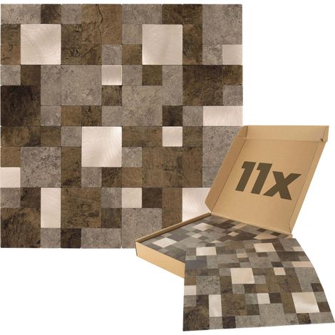 Wandpaneele selbstklebend Steinoptik 1m², 11 Stück Wandverkleidung feuchtigskeitsbeständig, Premium Qualität für Bad und Küche, Quadrat Rechteck Form - Braun Mix Gold