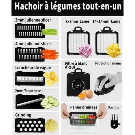 Coupe Legumes Multifonctions, Professionnelle Mandoline Cuisine Coupe Legume Manuel à Lames Remplaçables Coupe légumes pour trancher râper et découper en dés (1/4)