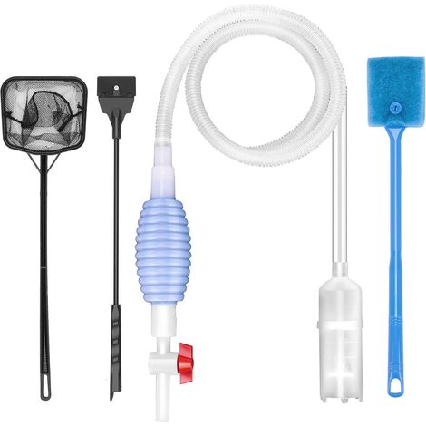 Accesorios de limpieza para acuarios (4 piezas): removedor de algas para peceras, red para peces, removedor de algas para cambio de agua y limpieza de peceras. (1/5)