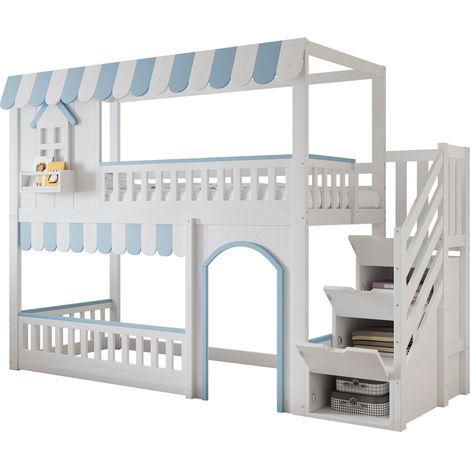 Lit superposé enfant 90x200 cm avec escalier-rangement, fenêtres décoratives, barrières de sécurité, sommier à lattes stable, blanc et bleu – CHICFURN (1/5)