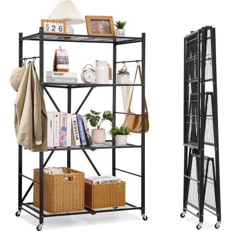 Étagère Pliante Mobile, 4 Niveaux, Étagère Pliante à roulettes, 91x53x152 cm, Métal Robuste, Charge Statique 340 kg Dynamique 90,7 kg, Meuble de Rangement pour Garage, Cuisine, sous-Sol, Noir (1/5)