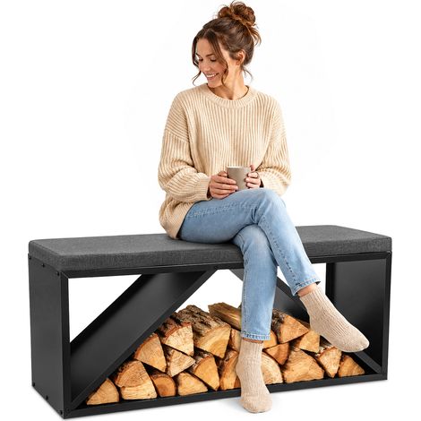 Jiubiaz Brennholzregal mit Sitzbank 102 cm, 2 in 1, 400 kg, Sitzkissen, Schwarz (1/5)