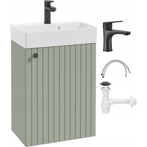 Mueble de baño suspendido con lavabo de eucalipto, grifo y tirador negros, 50x70cm, Kiara