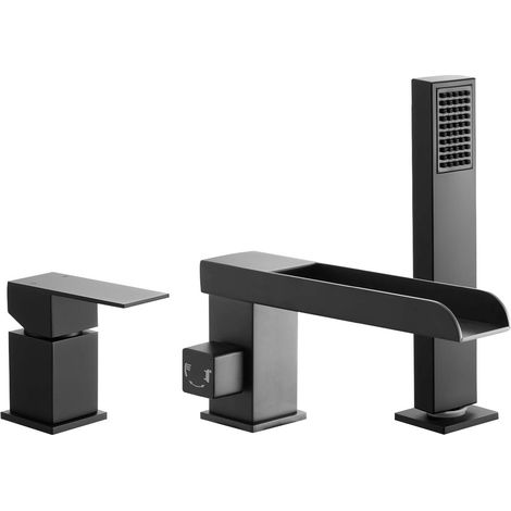 Mophorn Römische Badewannenarmatur mit 3 Löchern, Wannenarmaturen-Set mit Handbrause & 1 Griff, Mattschwarz Hochdurchfluss-Badewannenhahn mit zwei Wasserflussoptionen für Deckenmontage (1/5)