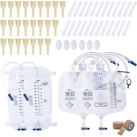 Externes Katheterset für Männer: 24 Harnkatheter, 6 Katheterstabilisierungsvorrichtungen, 4 Beutel, 2 Rollen Klebeband (30 mm) (1/5)