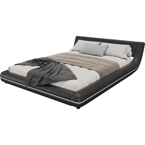 Letto matrimoniale 140x200 cm basso con LED, giroletto in cuoio rigenerato nero, struttura in MDF, letto da pavimento moderno per camera da letto  CHICFURN (1/5)