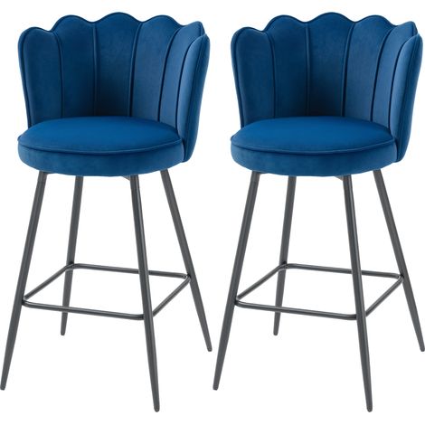 Set of Two VelvetFeel Lotus Bar Stools Dark Blue (1/5)