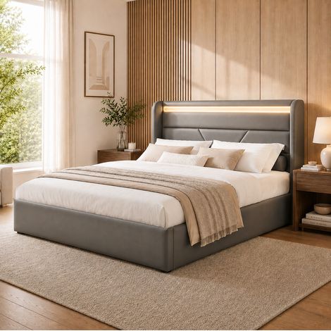 letto contenitore 140x200cm LED idraulico PU grigio OKMYHOME (1/5)