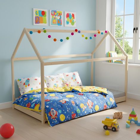 Lit cabane PANDA 90x200 + 1 sommier / Bois clair/ 205x97x135 (1/4)