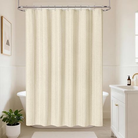Rideau de Douche Bohème à Bande, Tissu Polyester-Lin à Bande, Revêtement Imperméable Rideaux de Douche pour Salle de Bain Style Campagnard Rustique Shabby Chic Neutre, 182 x 182 cm (1/5)