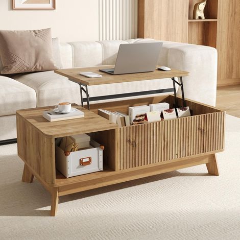 Table basse relevable en bois, 95x48x50 cm, avec plateau élévateur, façade effet vague 3D, étagère latérale ouverte, style moderne - Couleur chêne