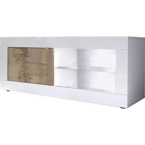 Meuble TV Lesina, Buffet de salon, Armoire basse pour TV, Base murale de rangement, Made in Italy, 140x43 h56 cm, Blanc et Acacia (1/4)