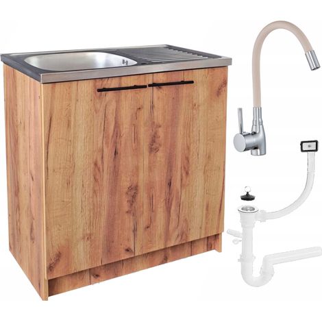 Meuble de Cuisine 80 cm - Chêne Doré - Ensemble Complet avec Évier et Robinet Flexible