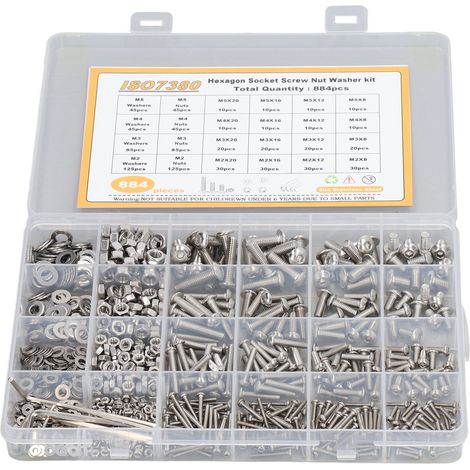 [JEU DE 884 PIÈCES] 884 Pièces Vis/Rondelle/Ecrou/Clé Set, 304 Stainless Steel, M2 M3 M4 M5, Différentes Longueurs, Boîte de Stockage (1/5)