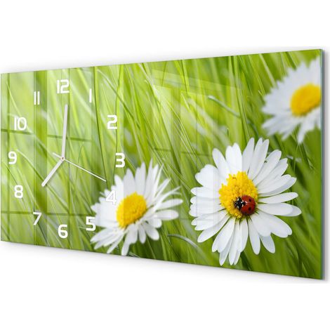 Horloge Murale Panoramique Artistique 60x30 cm Verre Trempé Design Original Marguerite (1/5)