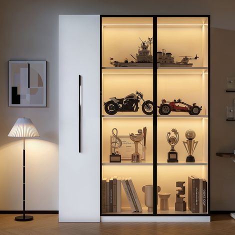 Armoire multifonction 110,5×35×160cm vitrine porte vitrée LED extension latérale à roulettes style français bibliothèque salle de bain salle à manger.
