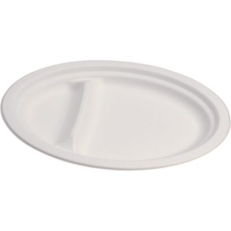 Assiette jetable ovale à deux compartiments 26x19 cm en cellulose - 50 pièces - Ecobioshopping (1/3)